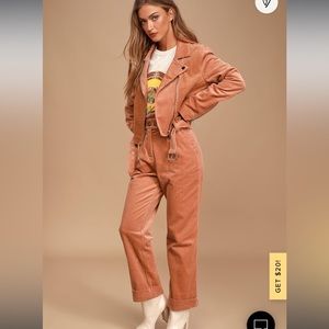 Lulus Meet Me in Midtown Terra Cotta corduroy trouser and moto jacket SET